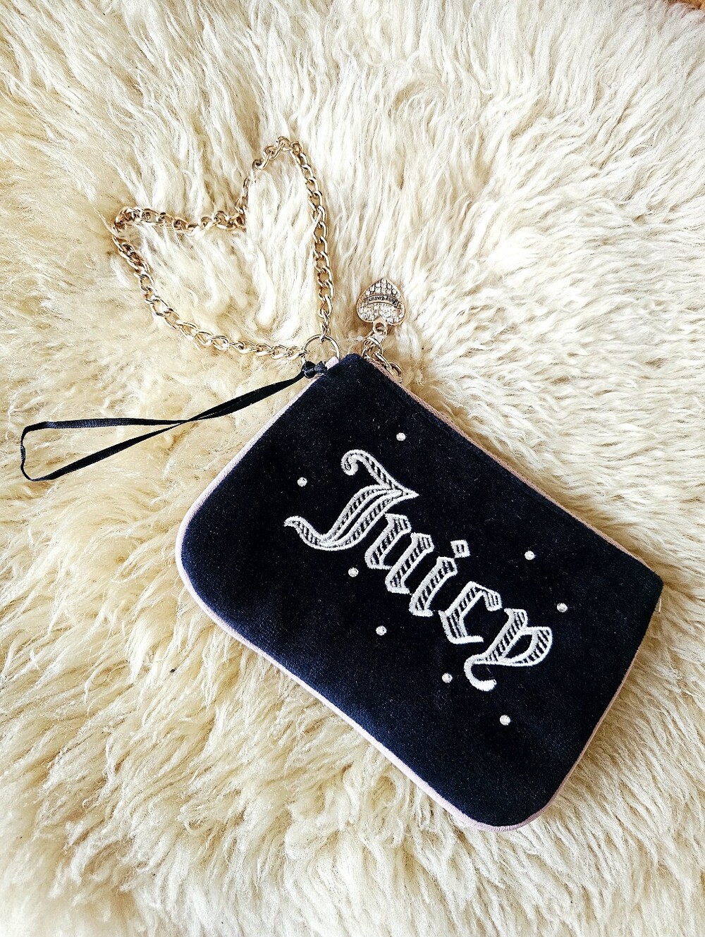 Juicy Couture Velour Wristlet Pouch Pink Black Embroidered Logo Y2K Style
